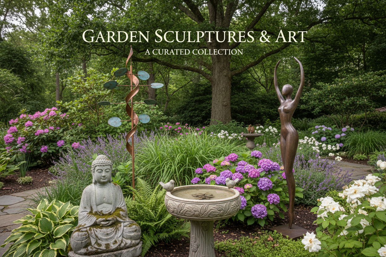 Garden sculptures and outdoor art including statues, suncatchers, gazing balls, and wind spinners for yard decor
