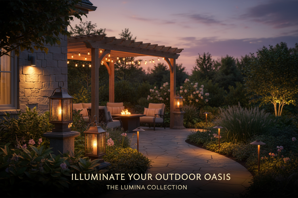 Outdoor lighting collection featuring solar path lights, string lights, lanterns, and garden spotlights