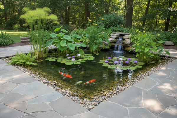 Water garden and pond supplies including fountains, pumps, filtration systems, and pond lights for backyard water features