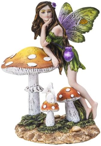 Pacific Giftware Mushroom Butterfly Fairy in Green Natural Dress with Bunny Companion Statue 6” Tall