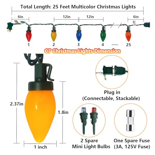 Christmas Lights 25Ft C7 LED Multicolor - 25 Shatterproof Bulbs