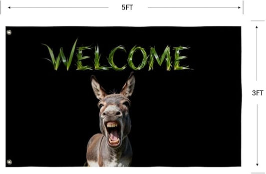 Donkey Welcome Flag 3X5FT, Farm House Flags, Donkey Meme Banner,Both Sides Printed, Men Women Banner,Vibrant Colors, Double Stitched with 2 Brass Grommets, Bar Garden Street Decoration, GYM, Office Decor,Indoor Outdoor Use,Gifts. (Donkey, 3x5ft)