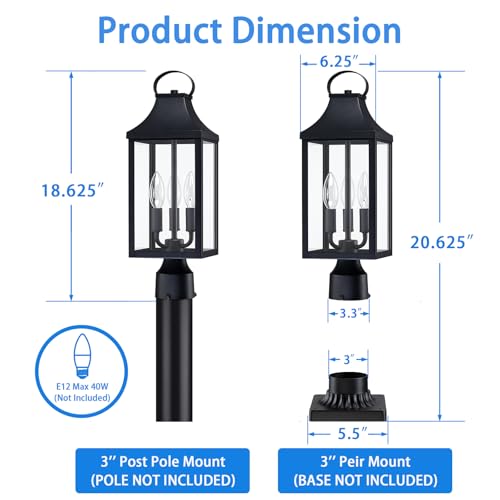 18.62" Post Light - 3-Light Outdoor Lamp Fixture, Black