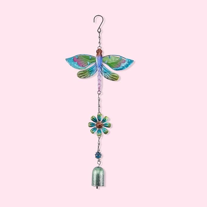 GORGECRAFT Dragonfly Wind Chime Green Metal Iron Waterproof Animal Dragonflies Flower Floral Decoration Glow Wind Catcher Chimes with Bell for Indoor Outdoor Home Garden Festival Party