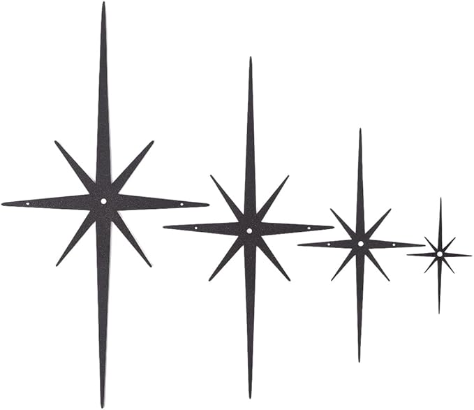 CREATCABIN 4Pcs Star Burst Wall Decor Black Mid Century Modern Metal Wall Art Sculpture Retro 8 Pointed Atomic Stars Celestial Hanging Ornament Accents for Home Bedroom Office Room Decoration
