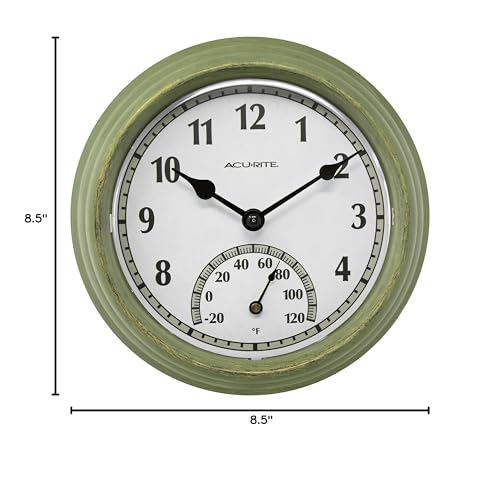 AcuRite 02470 Rustic Green Outdoor Clock with Thermometer, 8.5"