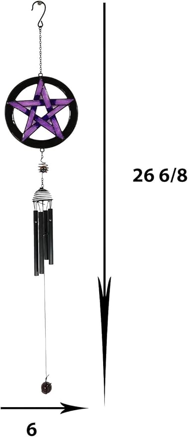 Ebros Gift Purple Stained Glass Pentacle Pentagram Circle Resonant Relaxing Metal Wind Chime Suncatcher Garden Patio Accent with Gemstones and Beads