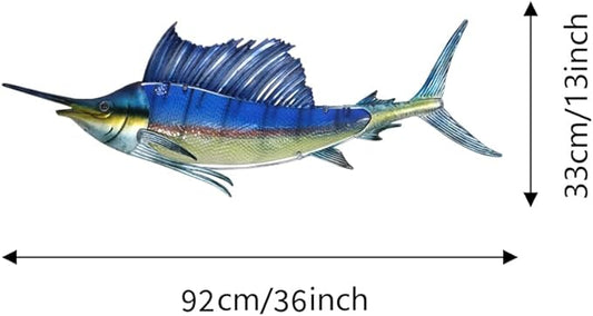 LIFFY Metal Fish Wall Decor,36" Large Swordfish Wall Art,Indoor Outdoor Tropical Ocean Glass Sailfish Art Sculptures Home Decorative Ornaments for Garden Porch Bedroom Living room