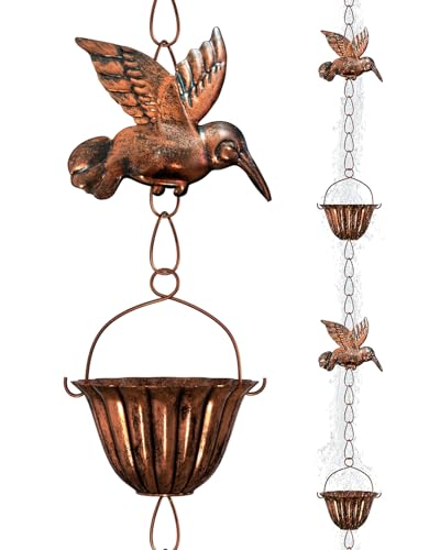 8.8ft Rain Chains for Gutters Outside, Rain Catcher Chain with 6 Metal Cups & Hummingbird Decor, Hanging Rain Hutter Chain Downspout Substitute for Garden Drainage & Eaves (Bronze Hummingbird)