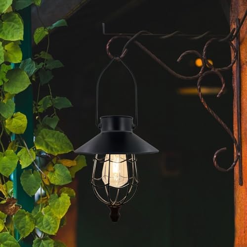 Solar Hanging Lantern - Black Metal, Warm White Edison Bulb (1 Pack)