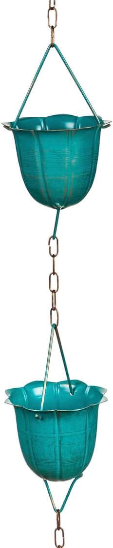 Evergreen Garden Blue Flower Cups Metal Rain Chains for Gutters | 6 ft. Long | Rain Catcher Chain Replacement Downspout | Decorative Rain Chains for Outside Garden Balcony Porch