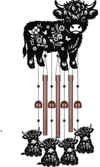 Highland Cow Wind Chimes for Outside, Farmhouse Cow Outdoor Decor with Copper Tone Metal Tubes, Deep Tone Windchimes for Patio Porch Garden Yard Hanging, Gift Box for Mom Grandma Women