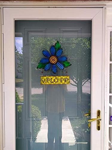 Vintage Flower Metal Welcome Sign Front Door Decor Hanging Wall Sign Indoor Outdoor Garden Hanging Sign 15.75x12.75" (Three colors)