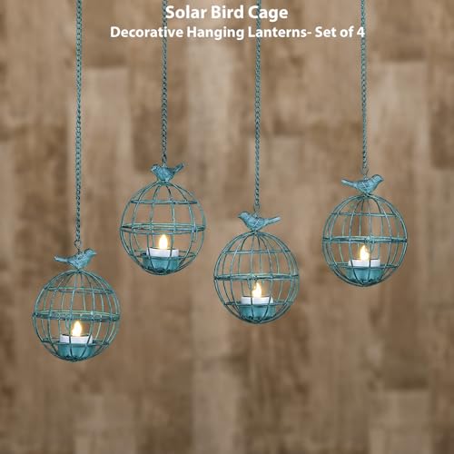 Solar Hanging Lantern 4-Pack - Rustic Birdcage, Vintage Blue