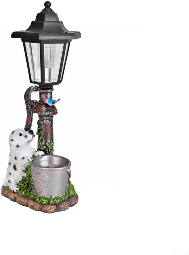 Solar Dalmatian Dog Garden Statue with Light-13 inches - Outdoor Waterproof decor with automatic lighting๏ผperfect for Lawn,Patio, Yard-with Bucket & Bird Figurine for Dog Lovers, Mom, Grandma