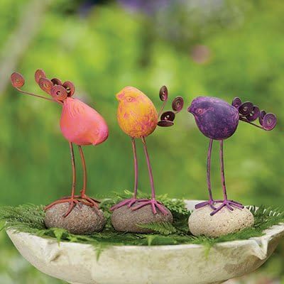 Happy Gardens Bird on River Stone, Set Includes Blue, Pink, Yellow