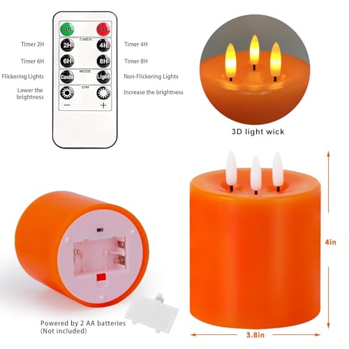 3 Wick Flameless Candles 4"x4" Orange - Remote & Timer