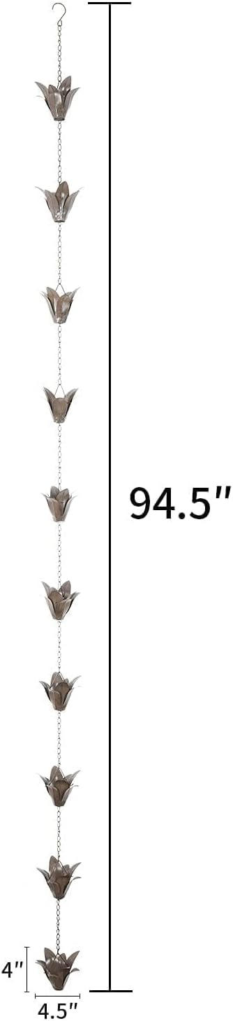 DUSVALLY Rain Chain,Metal Flower Rain Chain, Functional and Decorative Replacement for Gutter Downspouts, Adjustable, Antique Silver, 7.88 FT