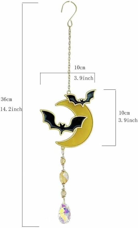 Halloween Themed Wind Chime Iron Made Chost Decoration Creative Designed Bat Decoration Halloween Holiday Festival Hanging Decor-Bat(Crystal)