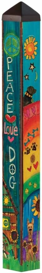 Studio M Art Pole, PVC Weather Resistant Pole with Vinyl Bowl 40 inches Tall Outdoor Decoration for Gardens, Patios, Yards, Landscaping and Birding Accessories, Peace Love Dog