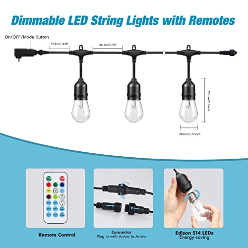 48FT RGB Outdoor String Lights - 15 LED Bulbs, Waterproof, Dimmable Remote