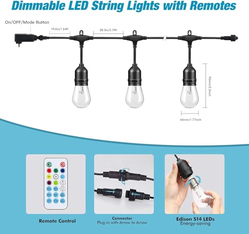 RGB Outdoor String Lights 48FT - Dimmable with Remote & Shatterproof Bulbs