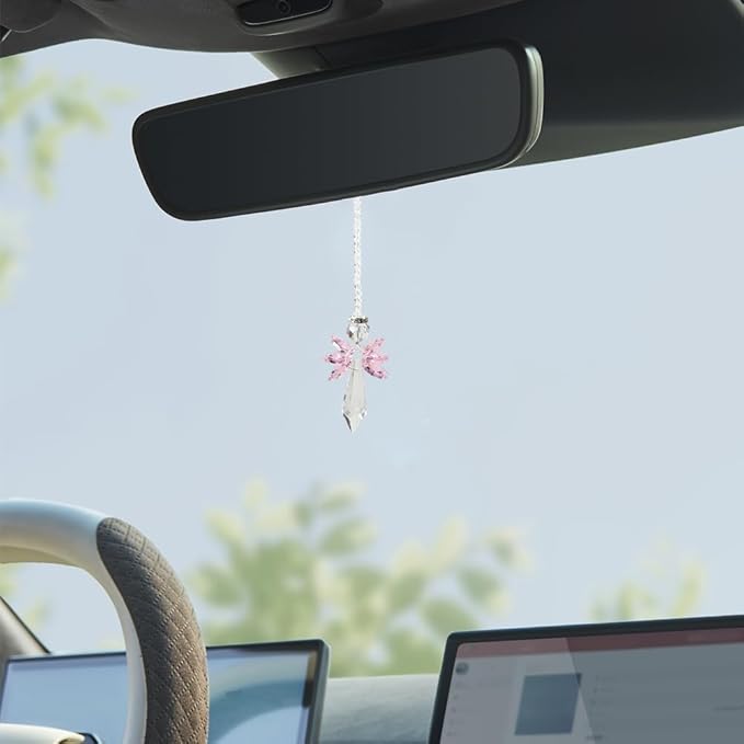 Rainbow Guardian Angel Crystal Suncatcher Hanging Ornament Pink Glass Prism Rainbow Maker for Home Window Car Porch Decoration Spiritual Sun Catcher Gift for Mom Women Friends