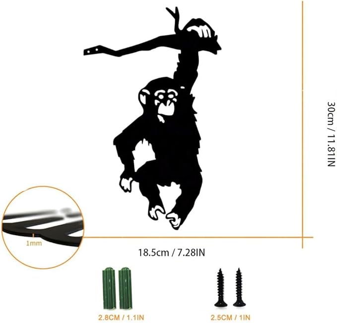Hanging On The Branch Monkey Statue Garden Stake Yard Art Decor Iron Silhouette Metal Wall Art Home Garden Patio Outdoor Statue (11.81IN*7.28IN)