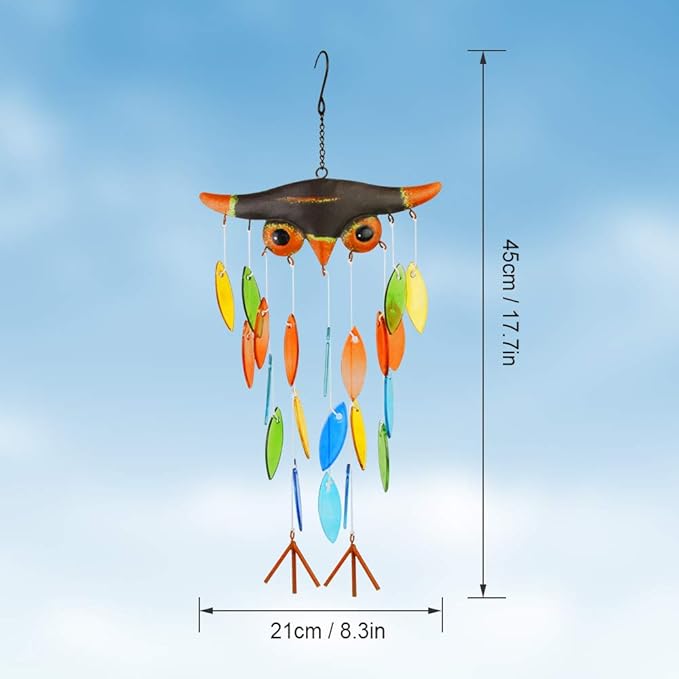 Vindar Wind Chime, Iron Folk Art Owl Model Design Glass Wind Chimes for Wall Hanging Home Art Decor, Beautiful Apartment Room Dorm Decoration, Great Gift Decor for Terrace,Patio,Porch,Garden,Backyard