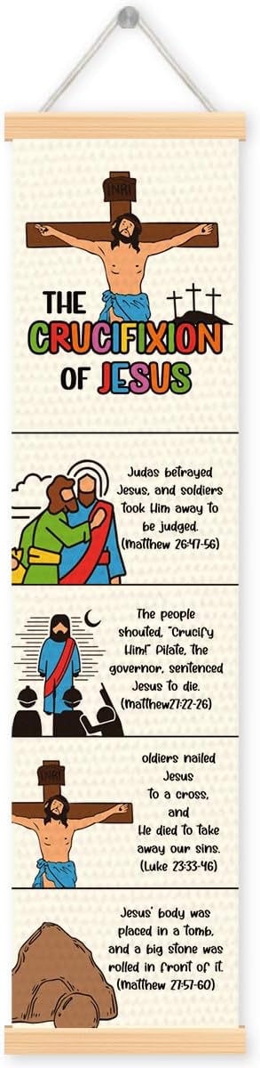Easter Story Banner, Crucifixion of Jesus Banner, Sunday School Supplies, Canvas Wall Hanging Poster, Religious Artwork, Family Hanging of Scripture and Words Decorations 09