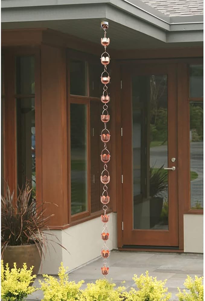Pure Copper Garden rain Chain-Functional and Decor Replacement for Gutter Downspouts. Decor Rain Chime and Fountain. Lotus Design. One Free Adapter. 8.5 ft Length and 3 in Diameter,TF96325