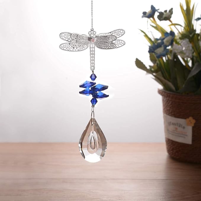 Dragonfly Crystal Prisms Bead Hanging Crystal for Windows Garden Wedding Christams Decor Rainbow Maker Mirror, Set of 6