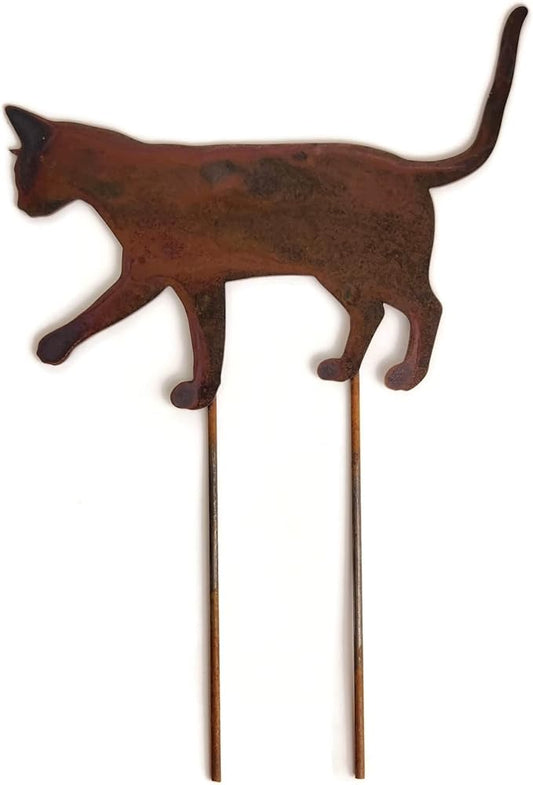 Pets and Farm Animals Metal Garden Landscape Stake (15" Wide Cat on Two Short Stakes, Naturally Rusted)