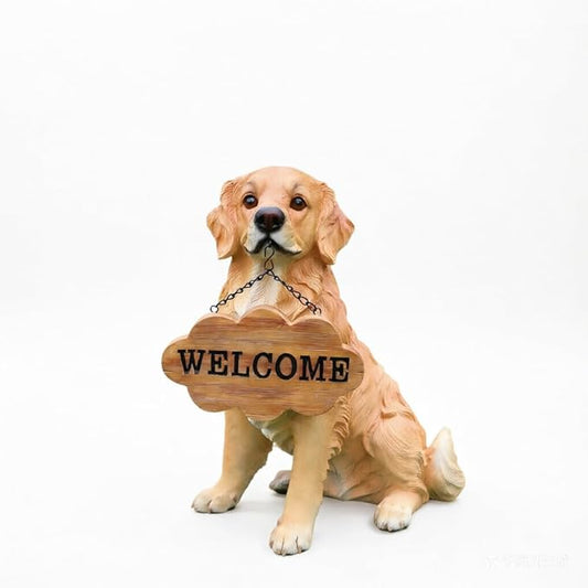 Outdoor Golden Retriever Dog Statue with Interchangeable Welcome Sign Detachable Garden Dog Sculpture Décor Garden Statue Outdoor Dog Statue Solar Lights Statue Outdoor Garden Decor