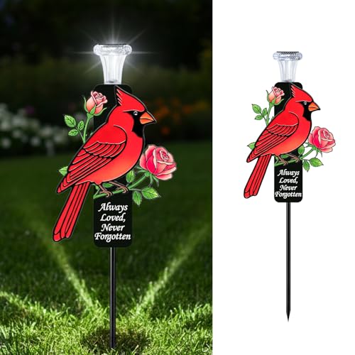 Solar Cardinal Memorial Stakes for Graves - Metal Cemetery Decorations with LED Light, Sympathy Gift for Loss of Father Dad, Mom, Grandma, Garden Grave Markers