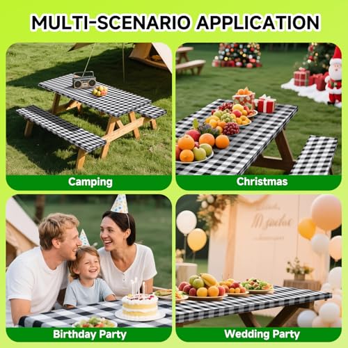 Picnic Table Cover with Bench Coversa nd Bag, Waterproof Windproof Elastic Fitted Tablecloth for 6 Foot Rectangle Tables,Washable with Elastic Edges for Outdoor Camping(Black & White, 30"x72")