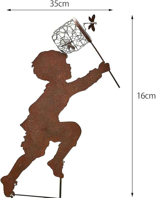 Boy Girl Silhouettes Chasing Butterfly Metal Vintage Garden Silhouette Sculpture Yard Garden Metal Stake Decor