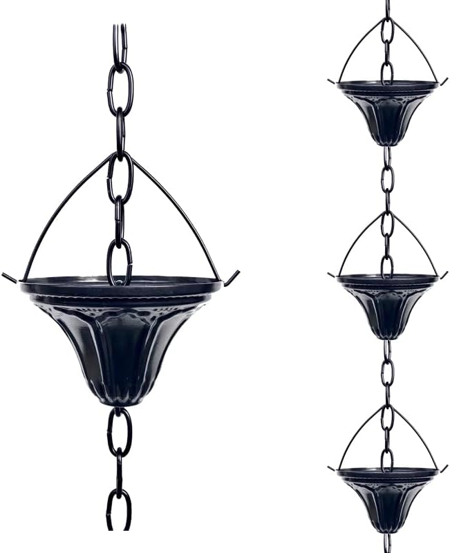 LWSELLS 8.5FT Rain Chain Gutter Downspout Catcher Outside Water Diverter Decorative Garden Rain Cups Chime Home Decor (Black)