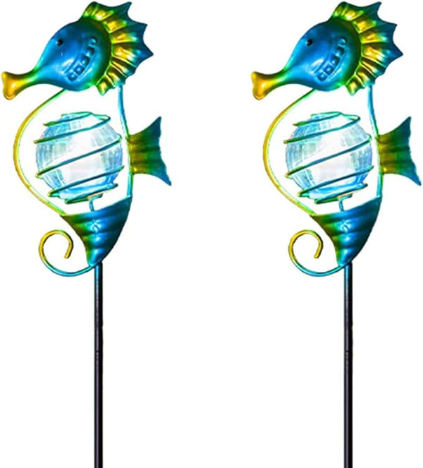 Solar Lights Outdoor 2 Pack, Metal Garden Decorative Stake Solar Lights Blue Seahorse Decor for Garden, Pathway, Lawn, Patio, Yard