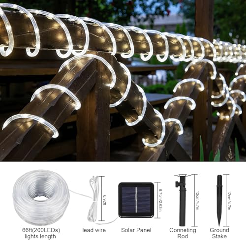 66FT 200LED Solar Rope Lights - White Waterproof, 8 Modes