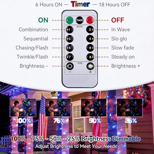 66ft 200LED Patriotic String Lights - Red White Blue, Waterproof, Remote Timer, 8 Modes