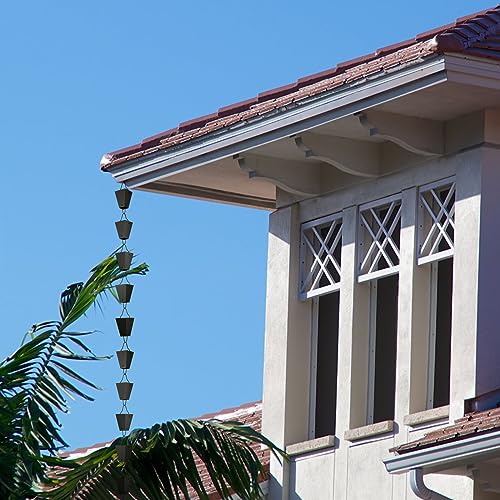 TE DEUM Square Link Rain Chain, 8.5 Feet Length, 3.7inch Big Size Cup, Black Powder Coated, Functional and Decorative Replacement for Gutter Downspouts, V Gutter Clip Included, Black
