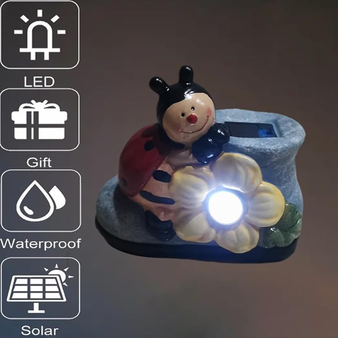 WYQF501 Solar Outdoor Light – Unique Ladybug and Shoe Design, Durable Resin Landscape Light for Pathways and Steps