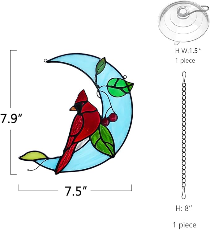 Cardinal Birds Decor Stained Glass Suncatcher,Red Cardinal Memorial Gifts for Mother,Stained Glass Birds Window Hangings Moon Decor,Bird Gifts for Bird Lovers Women Grandma