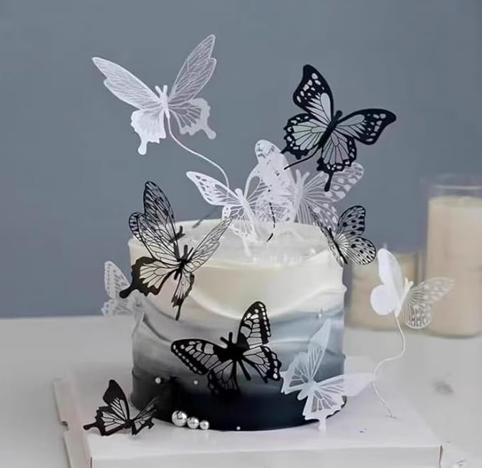 3D Butterfly Garden Stake Decor,10" PVC Butterfly Garden Decor for Outside,Shaking Head Artificial Butterflies for Cake Bouquet Wall Lawn Pathway Plant Pot Flower Bed Yard Decor (50, Black&White Mix)