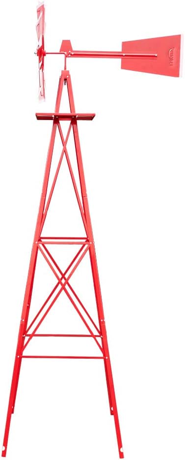 VINGLI 8FT Metal Windmill Ornamental Spinner Backyard Garden Decoration Weather Vane, Heavy Duty Wind Mill w/ 4 Legs Design, Red