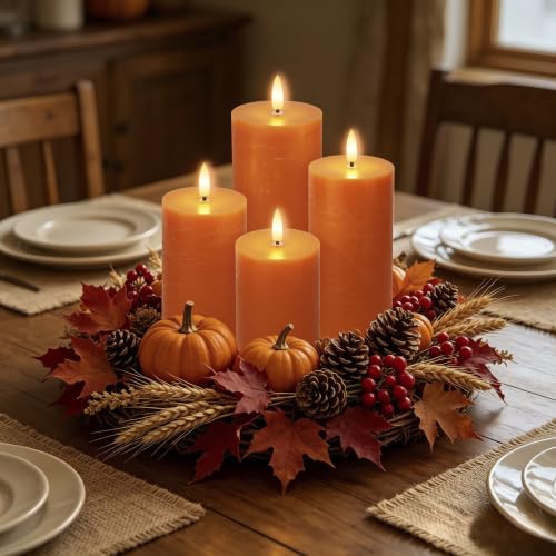 Orange Flameless Pillar Candles - Remote Control, Fall Decor