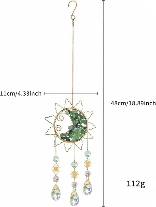 Sun & Crescent Crystal Suncatcher, Crystal Hanging Prism, Rainbow Makers, Housewarming Gift, Garden Decoration, Window Ornament (Green)