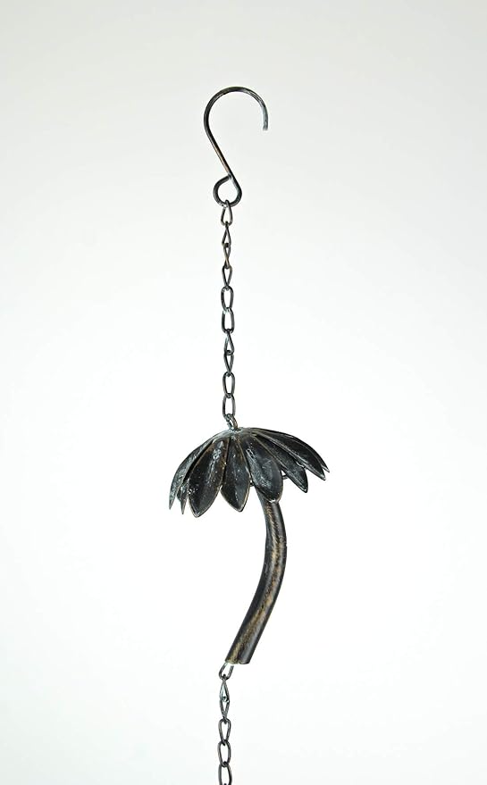 Bronze Finish Metal Tropical Palm Tree Rain Chain with Attached Hanger, Ideal for Collecting Rainwater, Beautiful 72-Inch Long Decorative Accent for Gardens and Patios