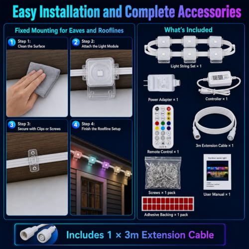 Permanent Outdoor Lights - 100ft RGB+IC Eaves